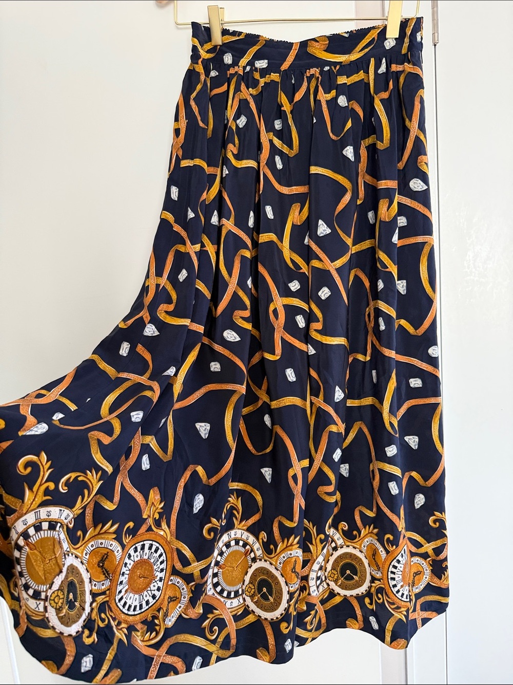 august silk Navy Maxi Skirt with Gold Rope & Medallion Print size M